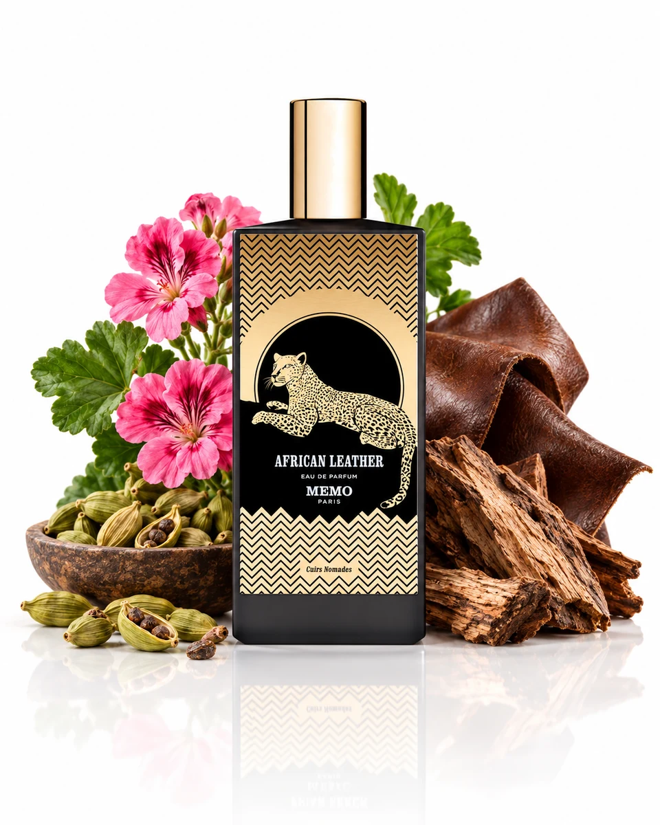 Memo Paris African Leather Eau de Parfum bottle with fragrance-note elements (AI-generated)