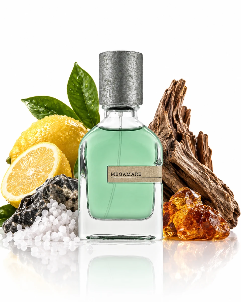 Orto Parisi Megamare Extrait de Parfum bottle with fragrance-note elements (AI-generated)