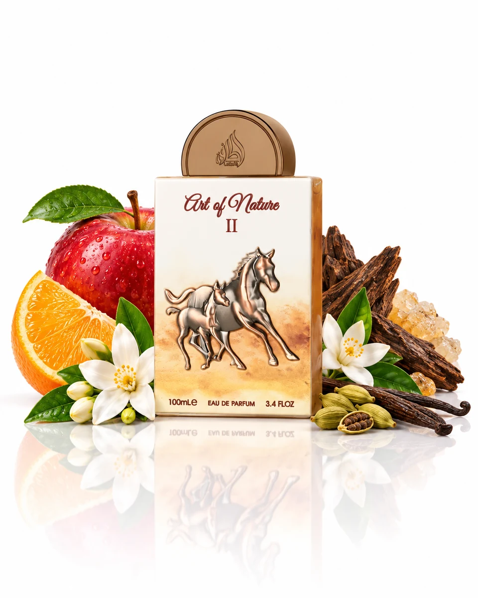 Lattafa Art of Nature II Eau de Parfum bottle with fragrance-note elements (AI-generated)