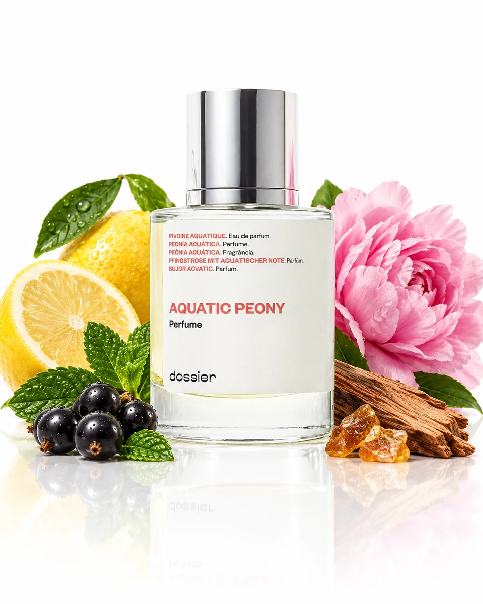 Dossier Aquatic Peony Eau de Parfum bottle with fragrance-note elements (AI-generated)