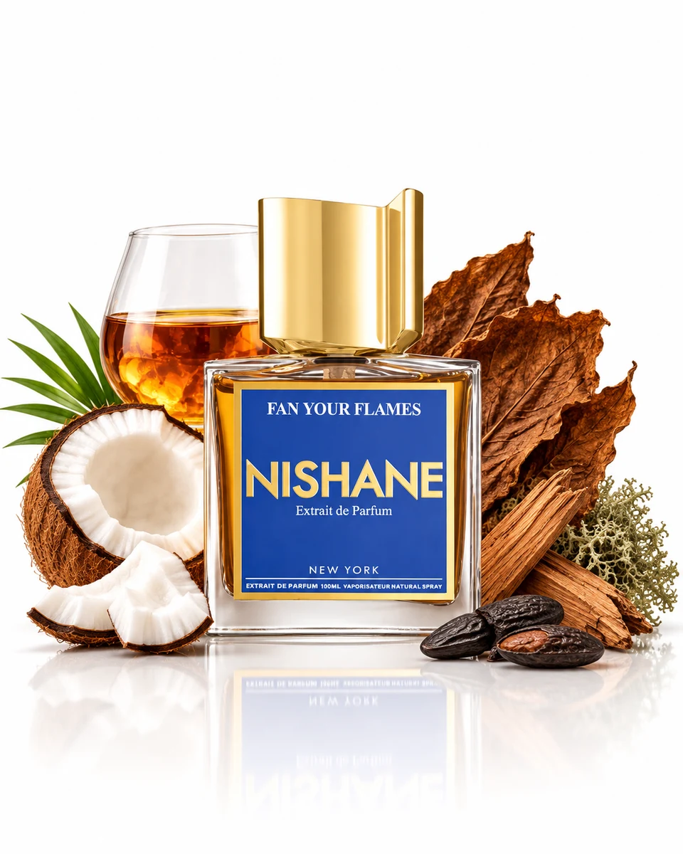Nishane Fan Your Flames Extrait de Parfum bottle with fragrance-note elements (AI-generated)