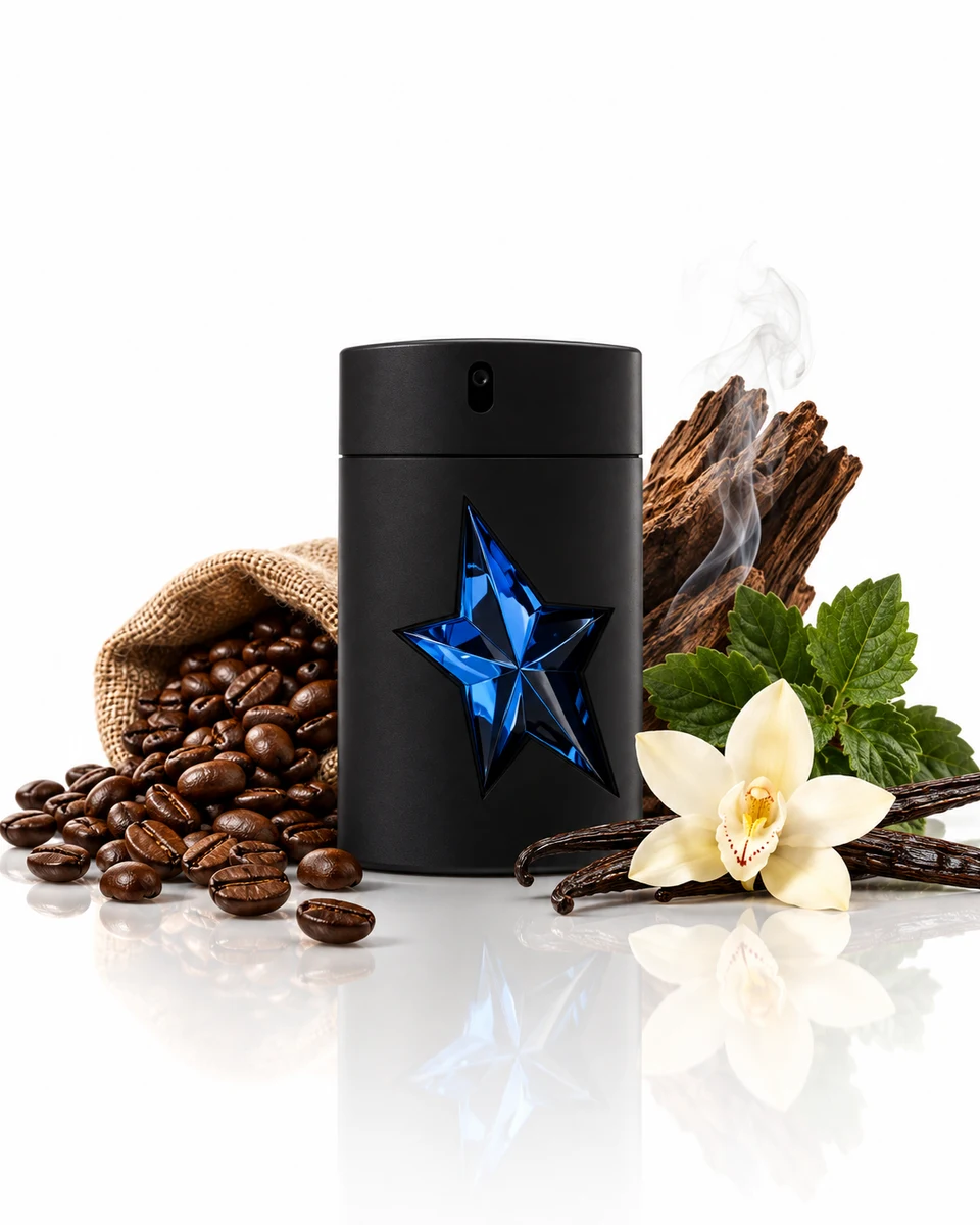 Mugler A*Men Eau de Toilette bottle with fragrance-note elements (AI-generated)
