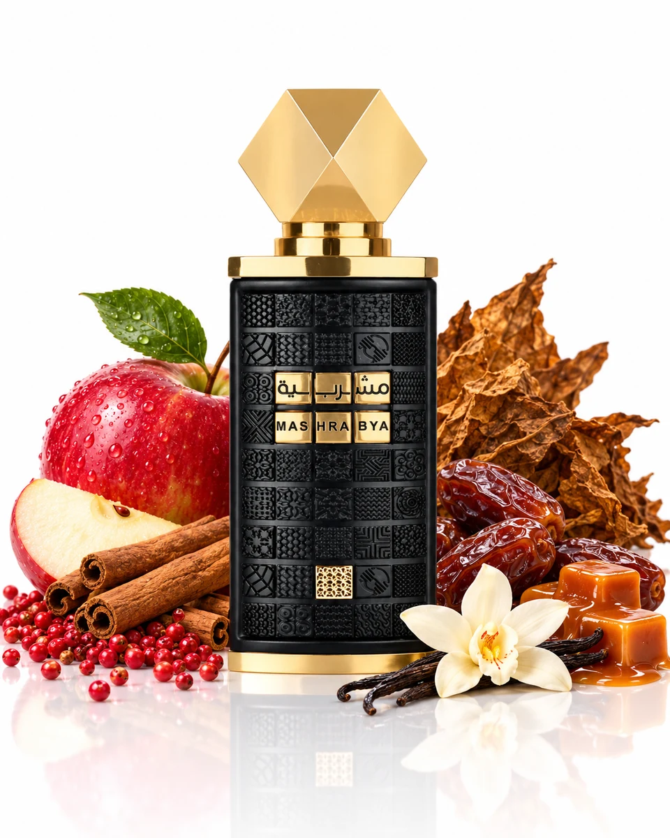 Lattafa Mashrabya Eau de Parfum bottle with fragrance-note elements (AI-generated)