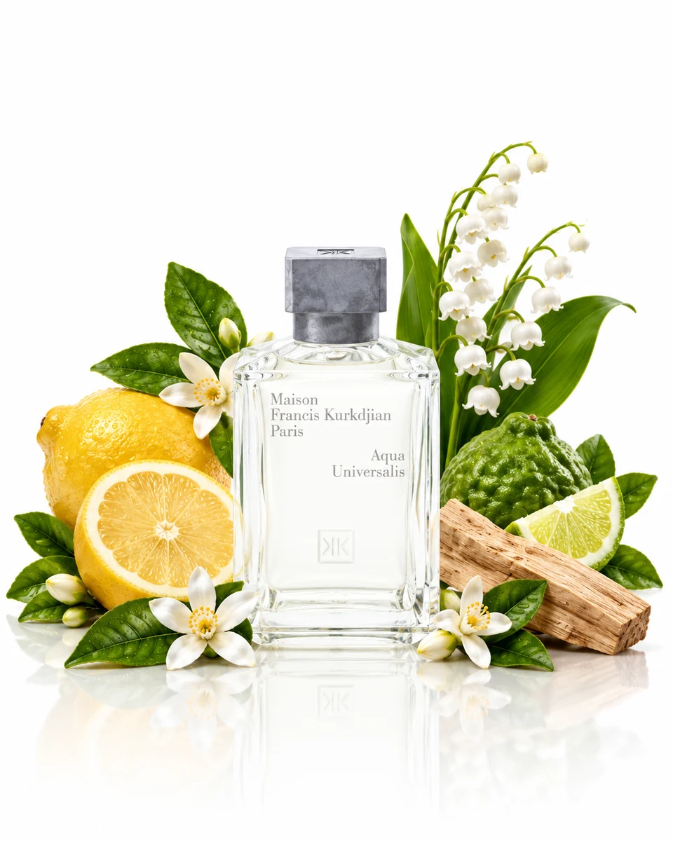 Maison Francis Kurkdjian Aqua Universalis Eau de Toilette bottle with fragrance-note elements (AI-generated)