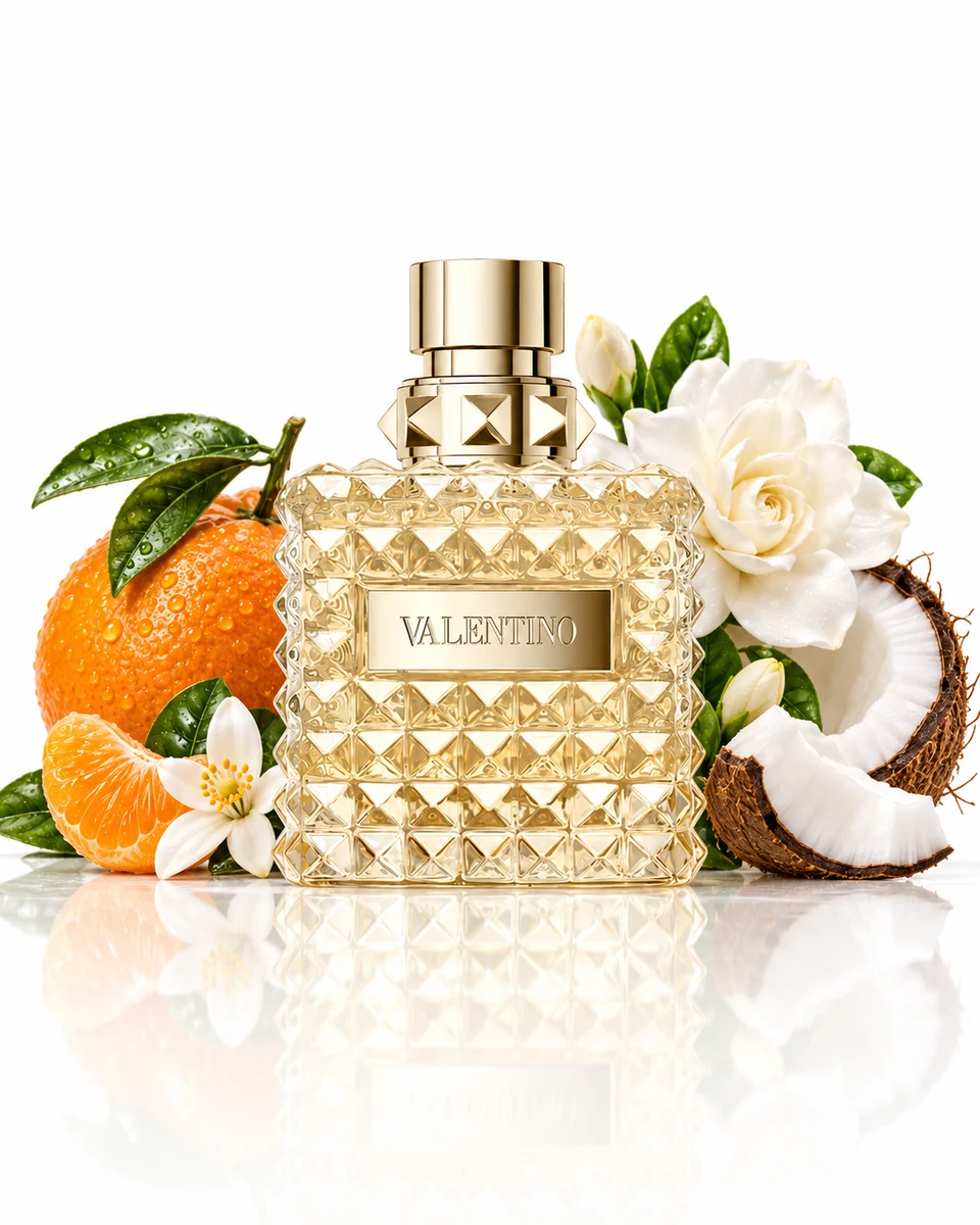 Valentino Donna Born in Roma The Gold Eau de Parfum bottle with fragrance-note elements (AI-generated)