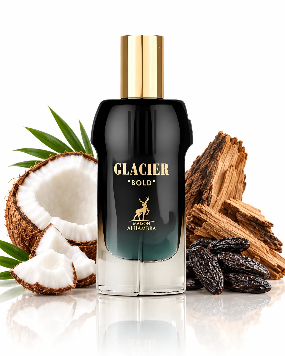 Maison Alhambra Glacier Bold Eau de Parfum bottle with fragrance-note elements (AI-generated)