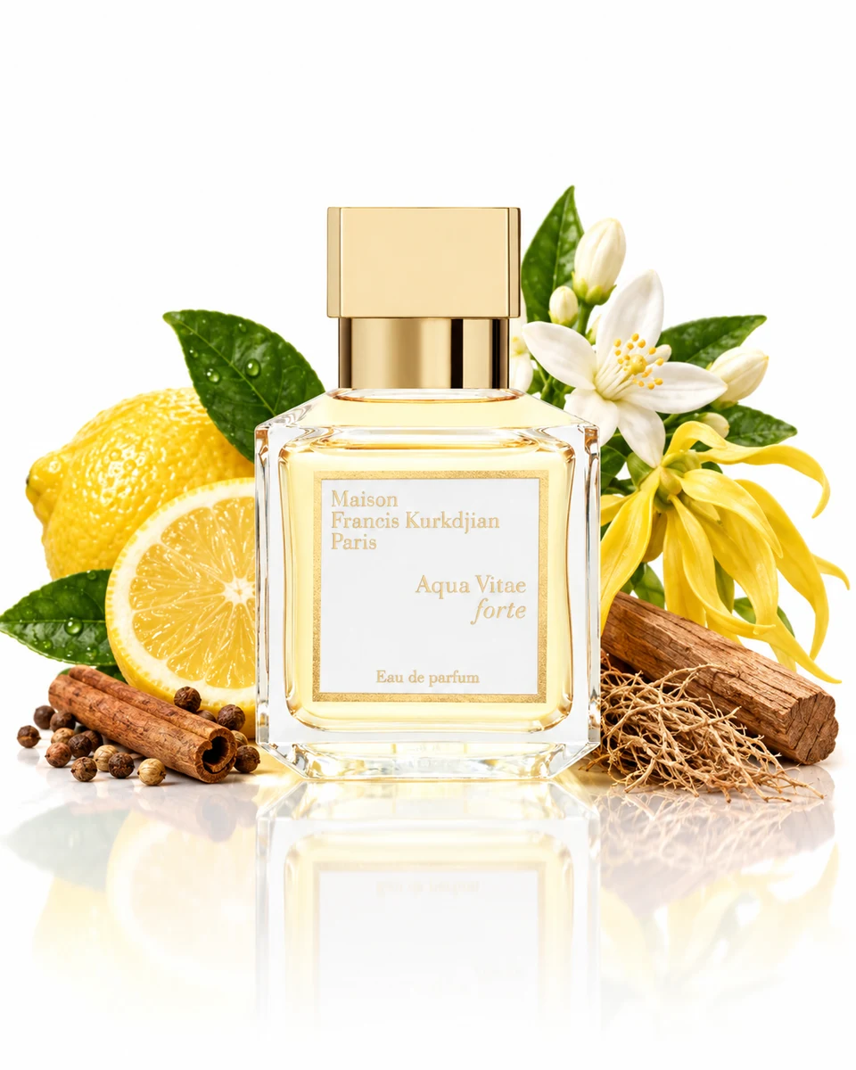 Maison Francis Kurkdjian Aqua Vitae Forte Eau de Parfum bottle with fragrance-note elements (AI-generated)