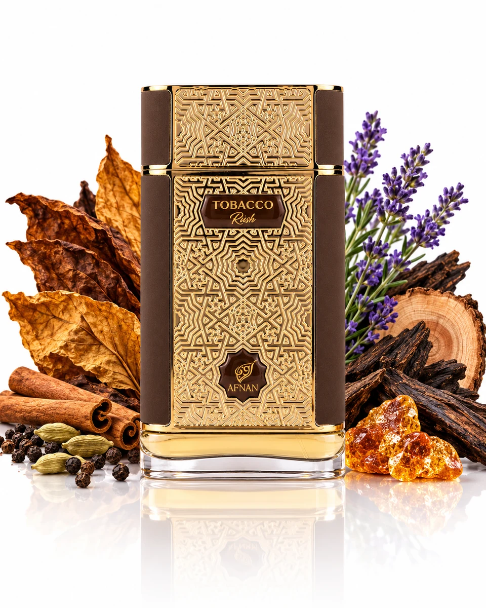 Afnan Tobacco Rush Eau de Parfum bottle with fragrance-note elements (AI-generated)