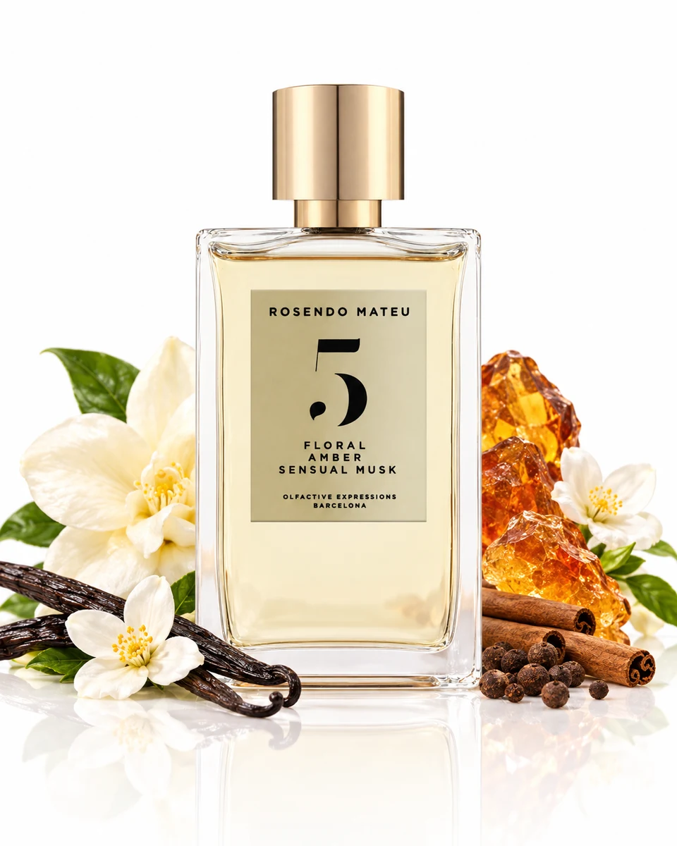 Rosendo Mateu Nº 5 Eau de Parfum bottle with fragrance-note elements (AI-generated)