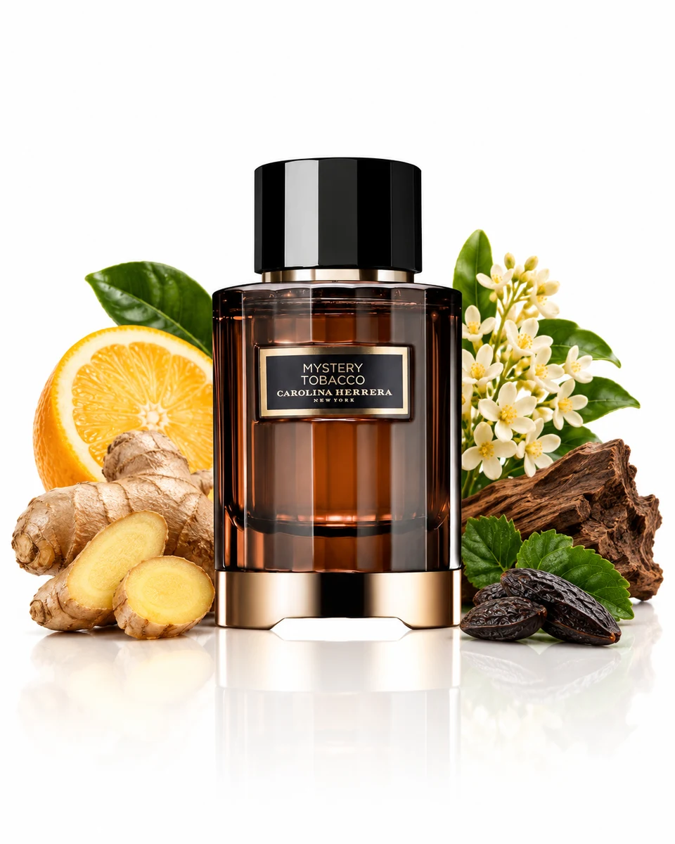 Carolina Herrera Mystery Tobacco Eau de Parfum bottle with fragrance-note elements (AI-generated)