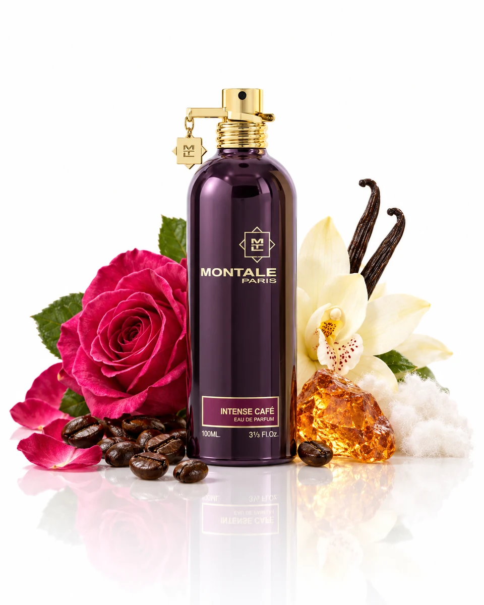 Montale Intense Café Eau de Parfum bottle with fragrance-note elements (AI-generated)