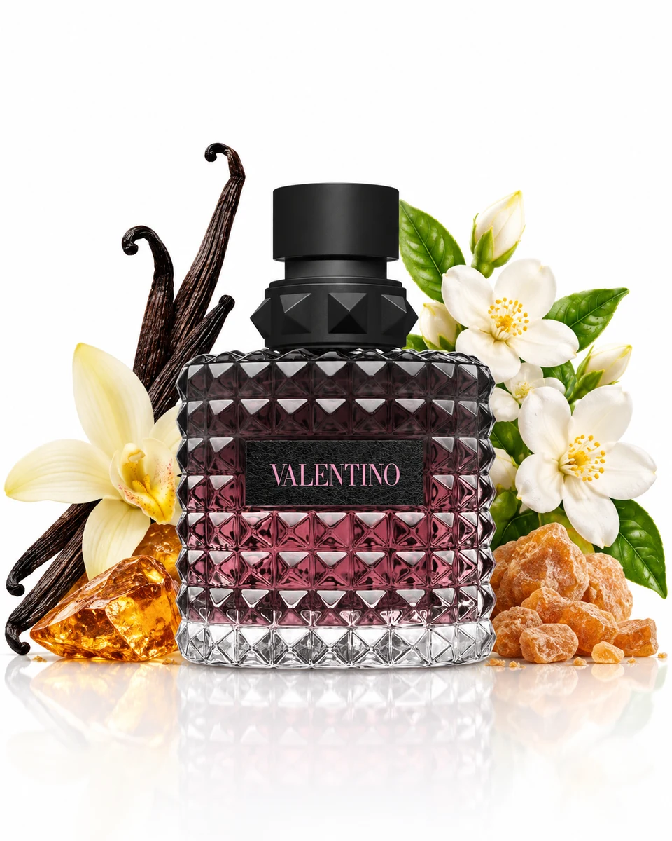 Valentino Donna Born in Roma Intense Eau de Parfum bottle with fragrance-note elements (AI-generated)