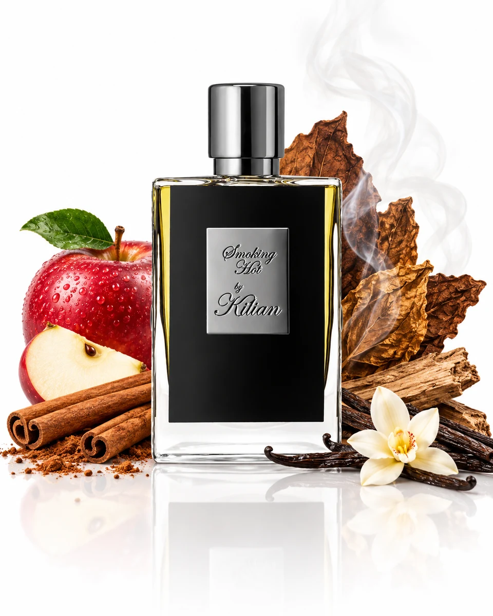 Kilian Paris Smoking Hot Eau de Parfum bottle with fragrance-note elements (AI-generated)