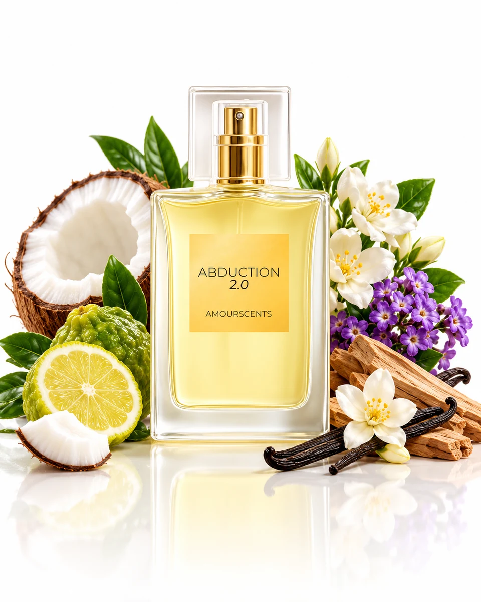 Amour Scents Abduction 2.0 Eau de Parfum bottle with fragrance-note elements (AI-generated)