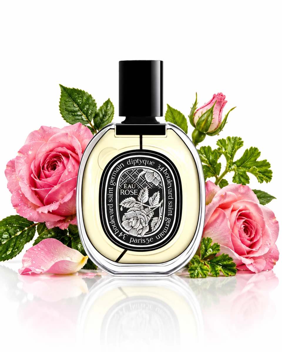 Diptyque Eau Rose Eau de Parfum bottle with fragrance-note elements (AI-generated)
