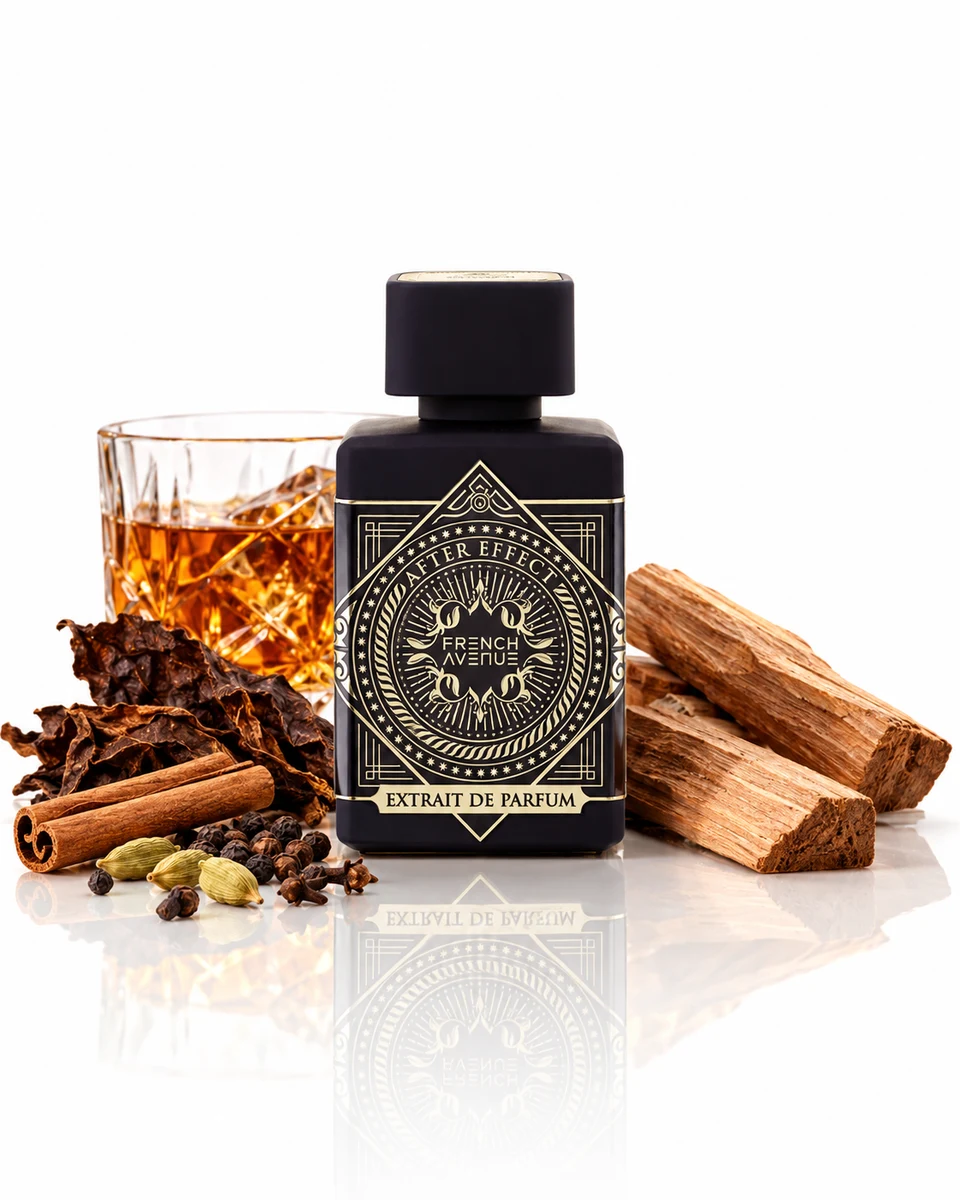 French Avenue After Effect Extrait de Parfum bottle with fragrance-note elements (AI-generated)