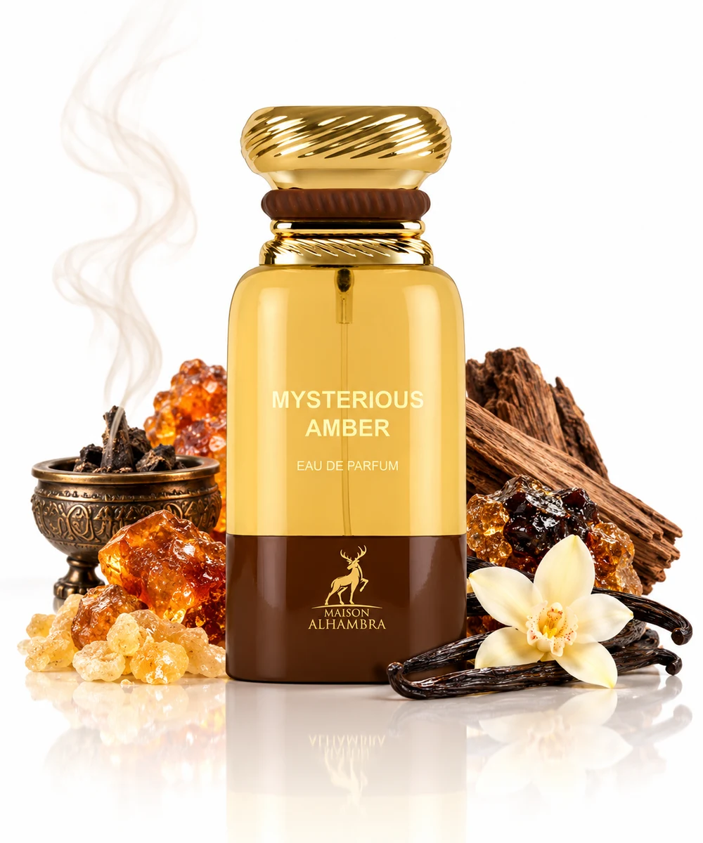 Maison Alhambra Mysterious Amber Eau de Parfum bottle with fragrance-note elements (AI-generated)