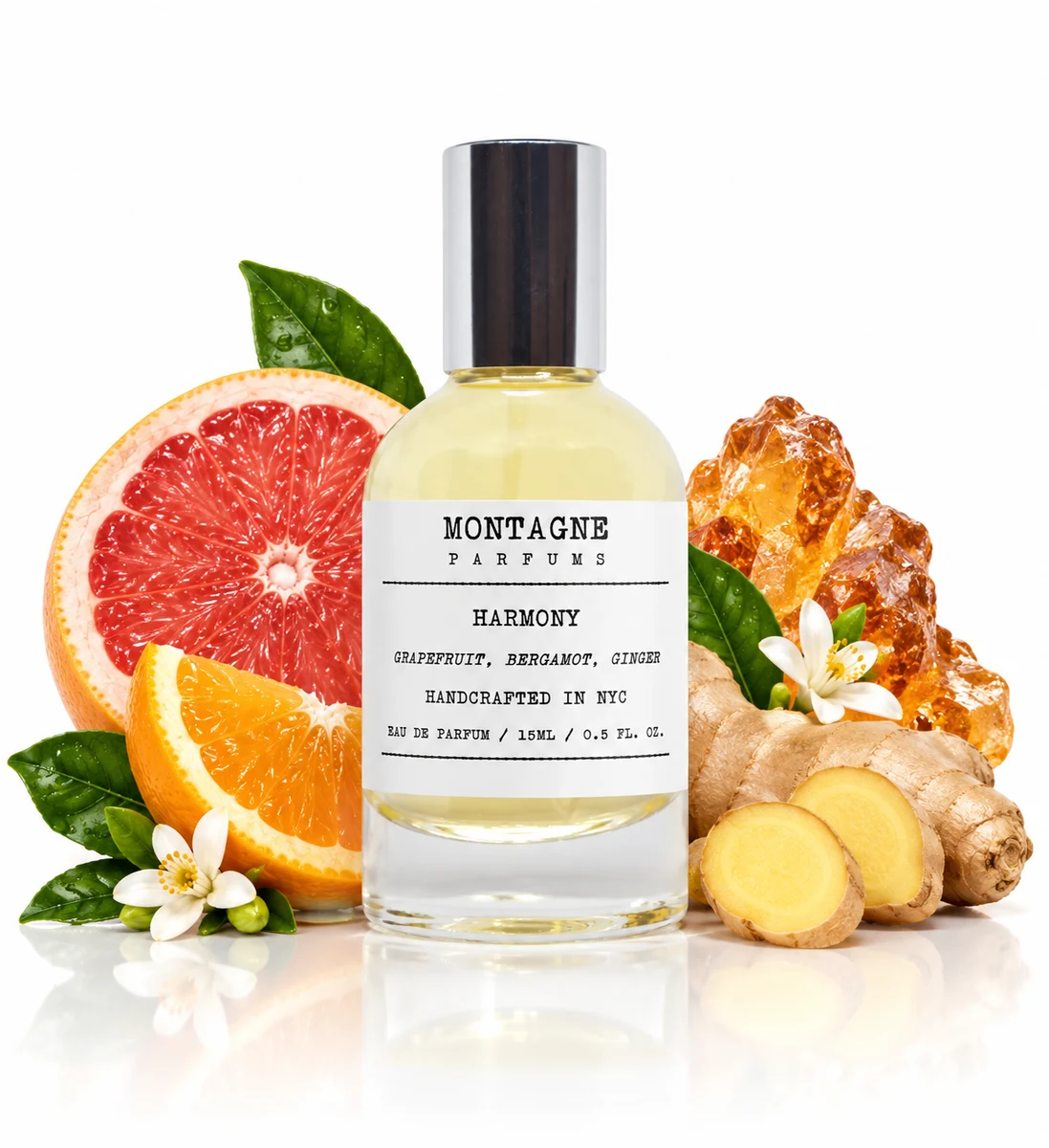 Montagne Parfums Harmony Eau de Parfum bottle with fragrance-note elements (AI-generated)