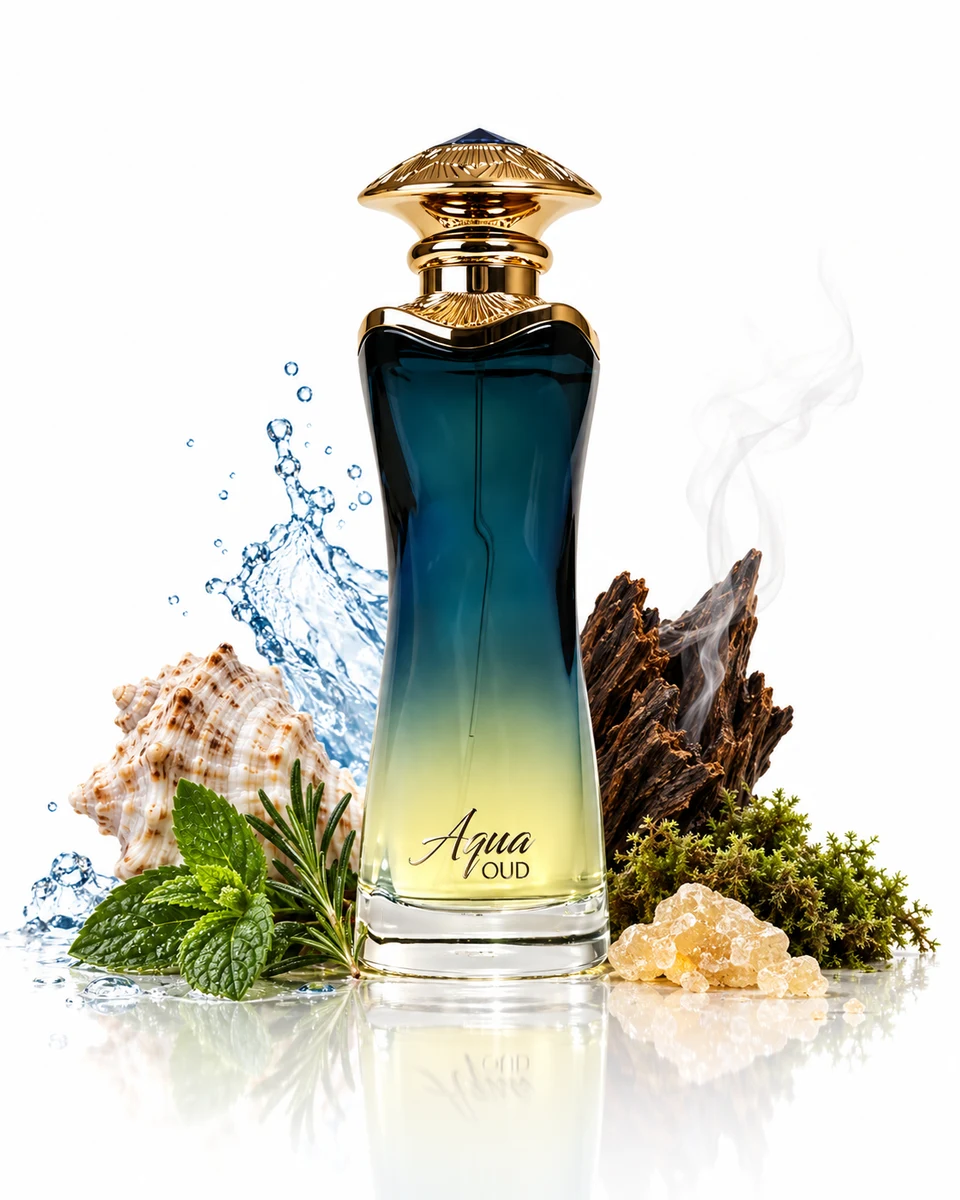 Ahmed Al Maghribi Aqua Oud Eau de Parfum bottle with fragrance-note elements (AI-generated)