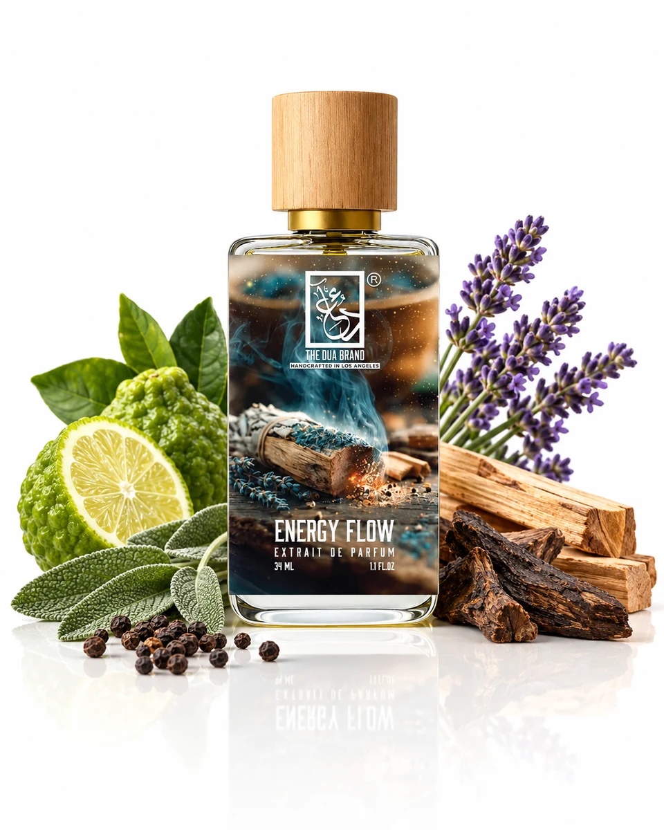 The Dua Brand Energy Flow Extrait de Parfum bottle with fragrance-note elements (AI-generated)