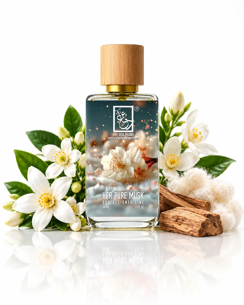 The Dua Brand Her Pure Musk Extrait de Parfum bottle with fragrance-note elements (AI-generated)