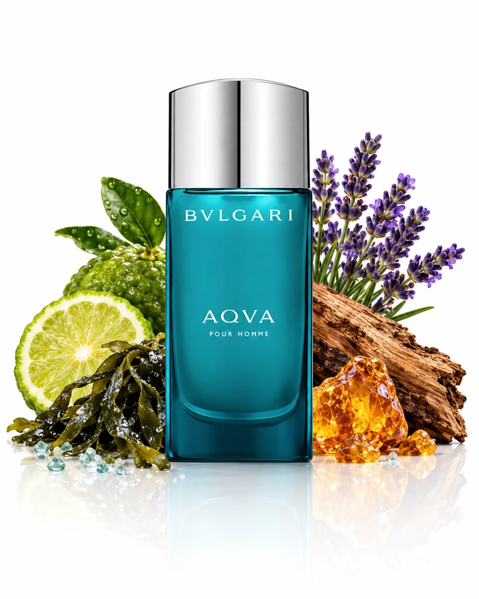 Bvlgari Aqva Pour Homme Eau de Toilette bottle with fragrance-note elements (AI-generated)