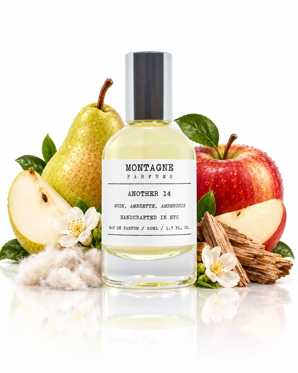 Montagne Parfums Another 14 Eau de Parfum bottle with fragrance-note elements (AI-generated)