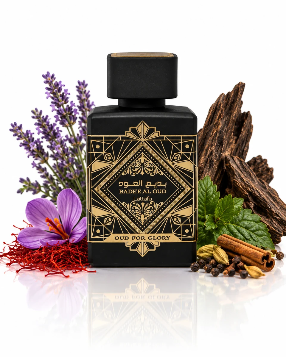 Lattafa Bade’e Al Oud Oud for Glory Eau de Parfum bottle with fragrance-note elements (AI-generated)