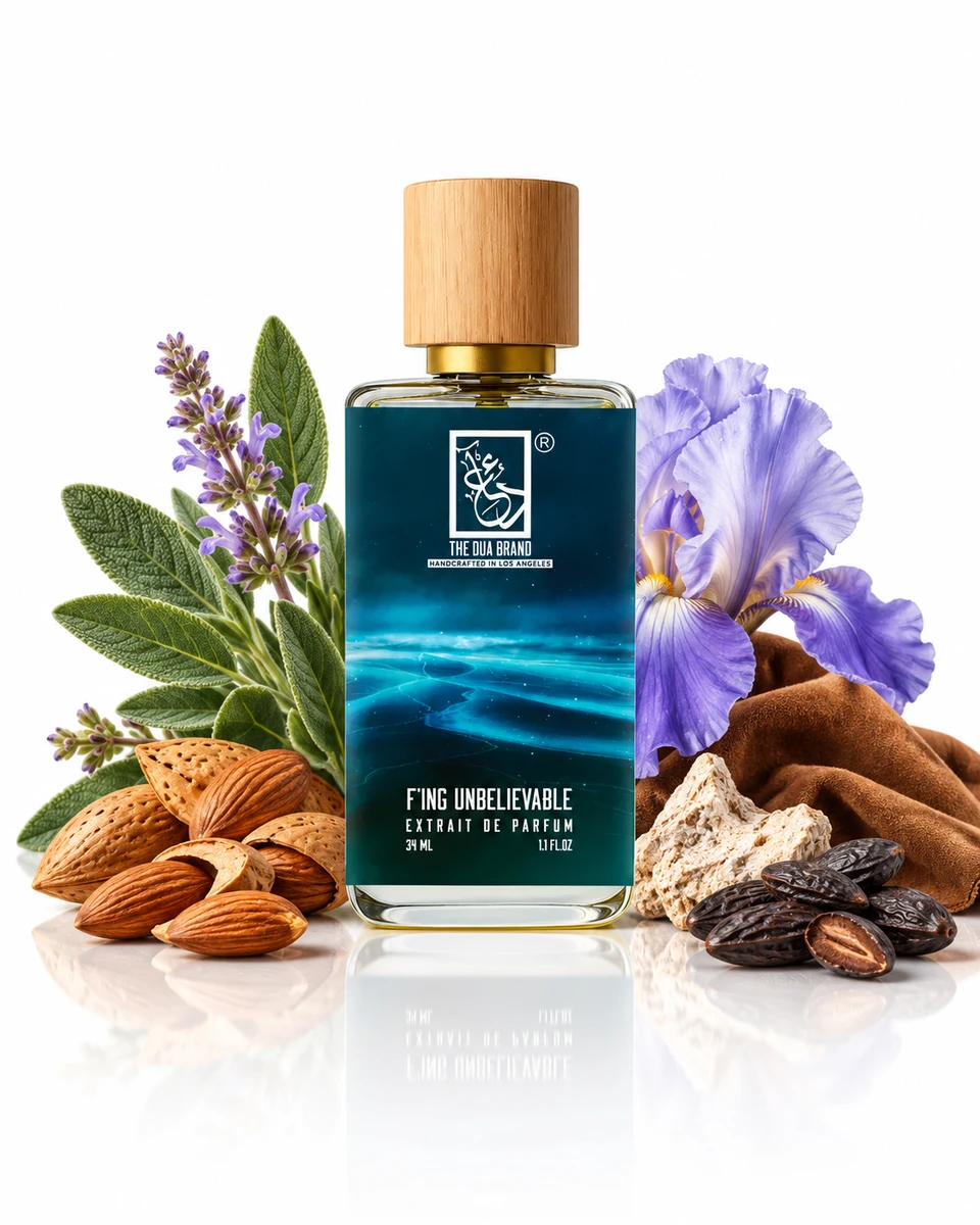 The Dua Brand F'ing Unbelievable Extrait de Parfum bottle with fragrance-note elements (AI-generated)