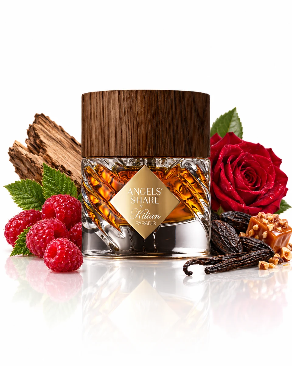 Kilian Paris Angels' Share Paradis Extrait de Parfum bottle with fragrance-note elements (AI-generated)
