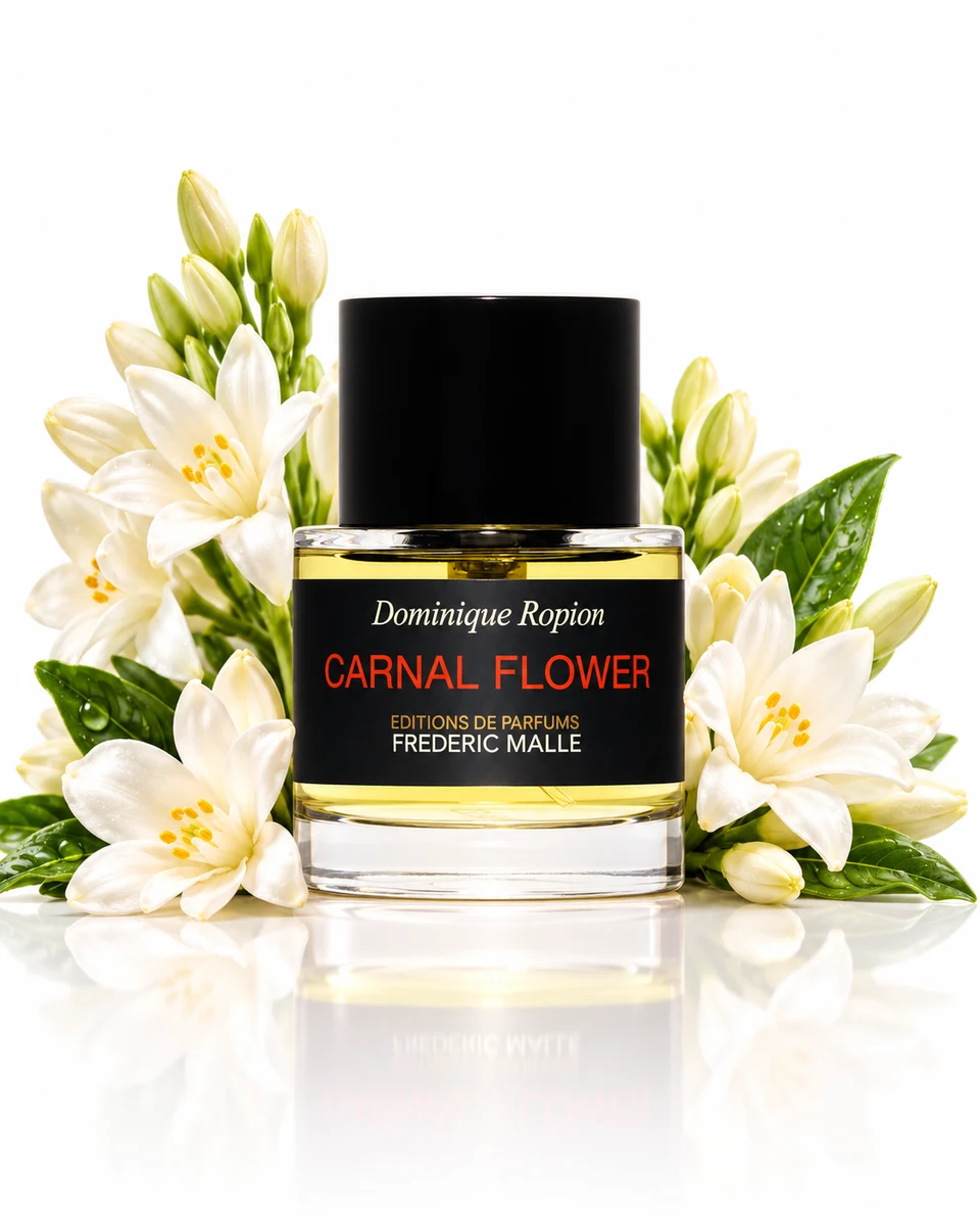 Frédéric Malle Carnal Flower Eau de Parfum bottle with fragrance-note elements (AI-generated)