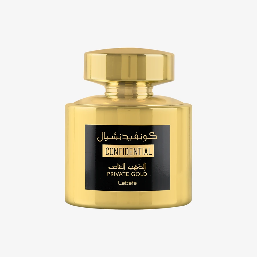 Lattafa Confidential Private Gold — front-facing product bottle