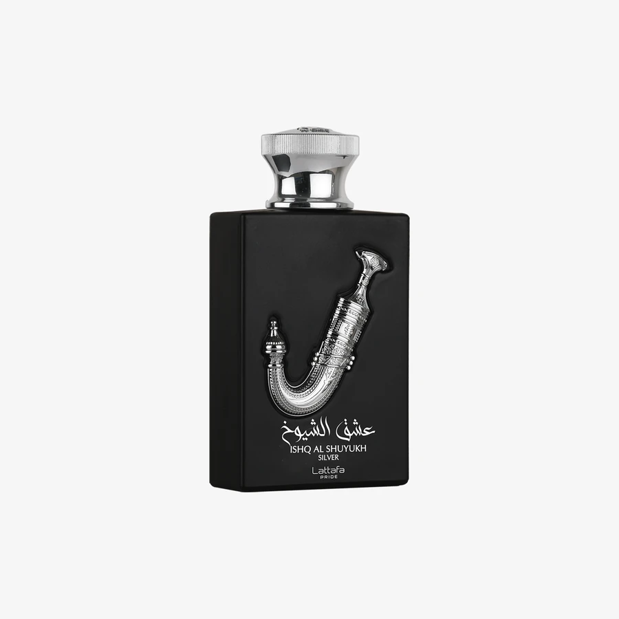 Lattafa Ishq Al Shuyukh Silver — front-facing product bottle
