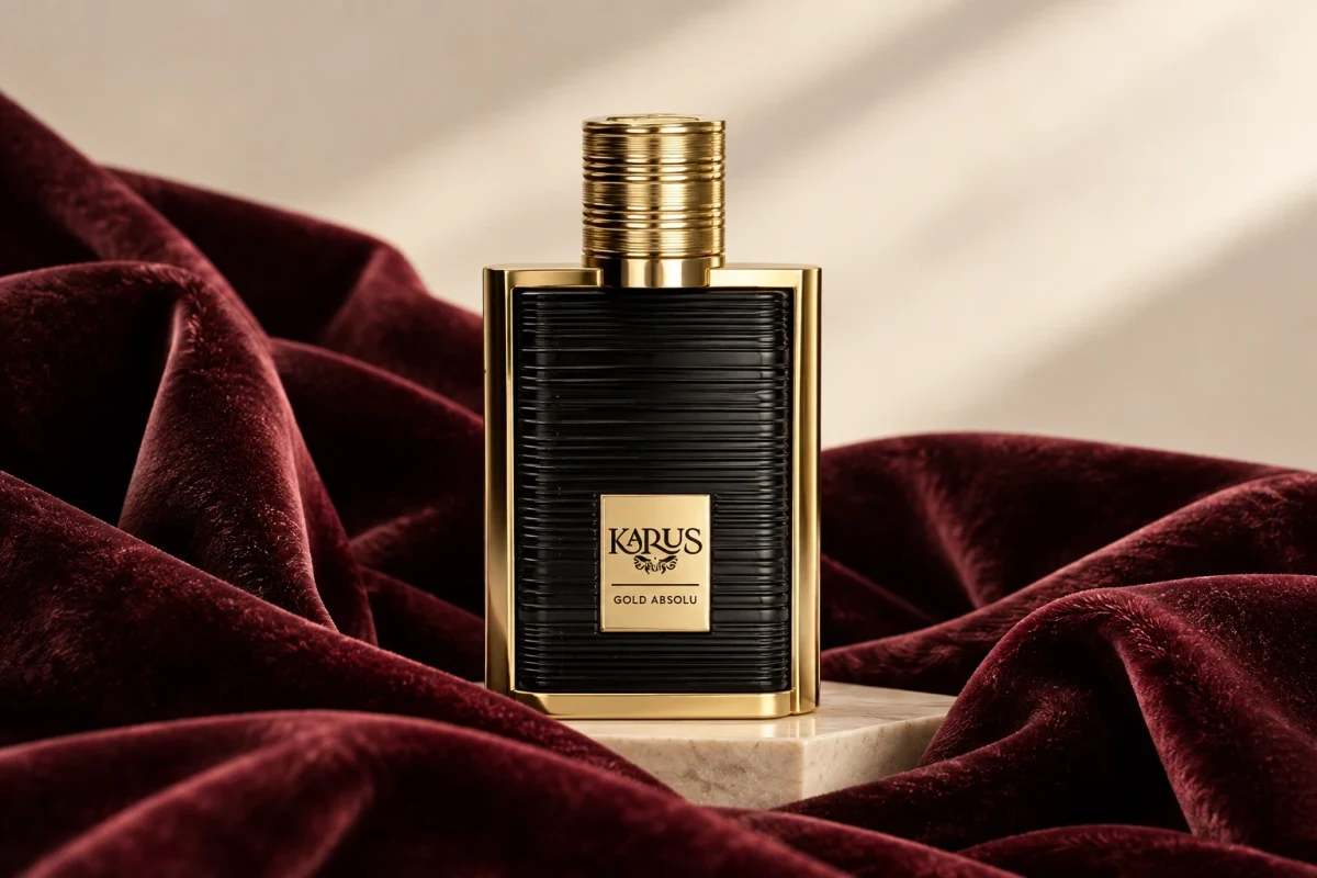 Illustration of a ribbed black Karus Gold Absolu bottle framed in gold, on a marble block among burgundy velvet.