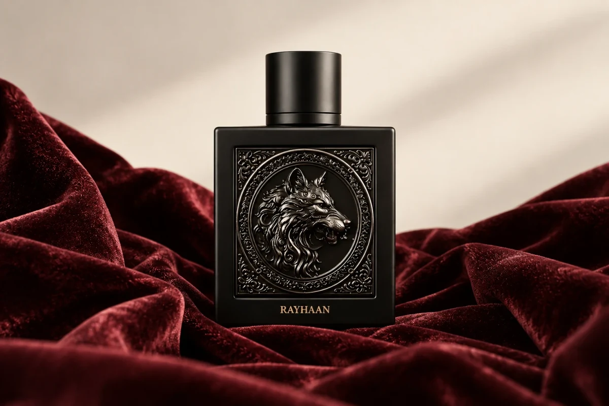 Illustration of a matte black Rayhaan bottle embossed with a wolf’s head, resting in burgundy velvet.