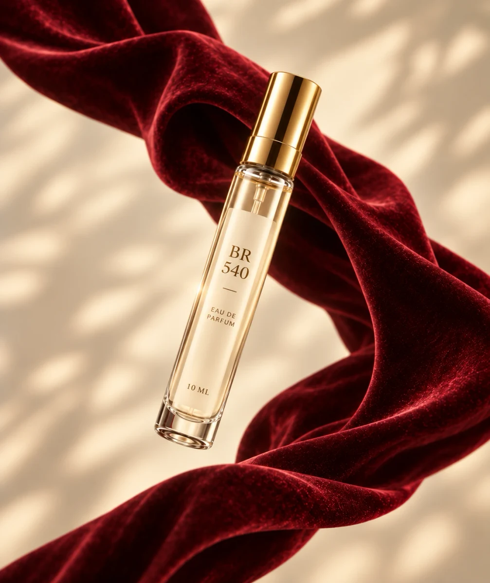 Illustration of a small fragrance spray vial against burgundy fabric.