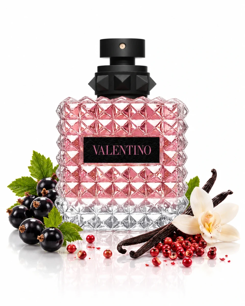 Valentino Donna Born in Roma Eau de Parfum bottle in a styled composition