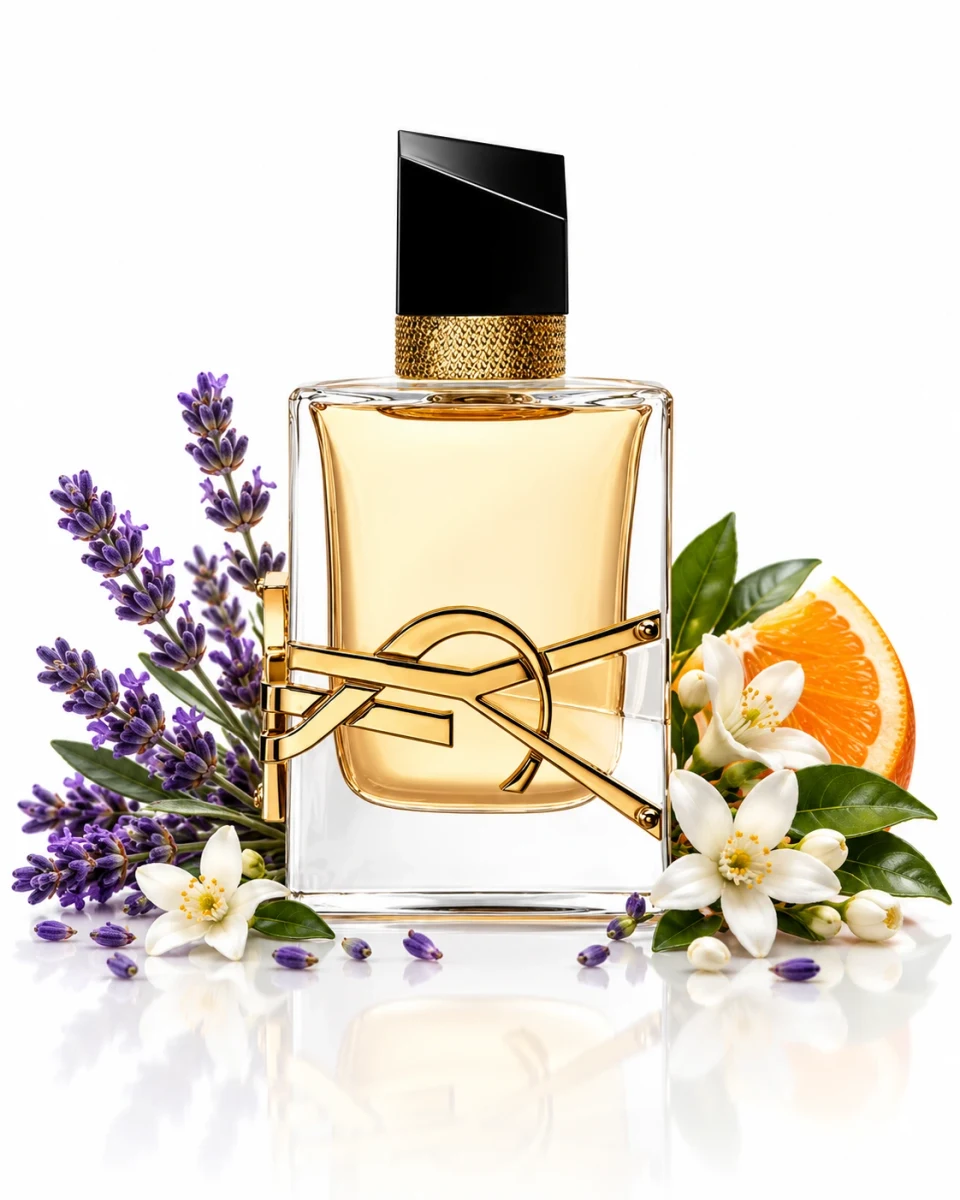 Yves Saint Laurent Libre Eau de Parfum bottle in a styled composition