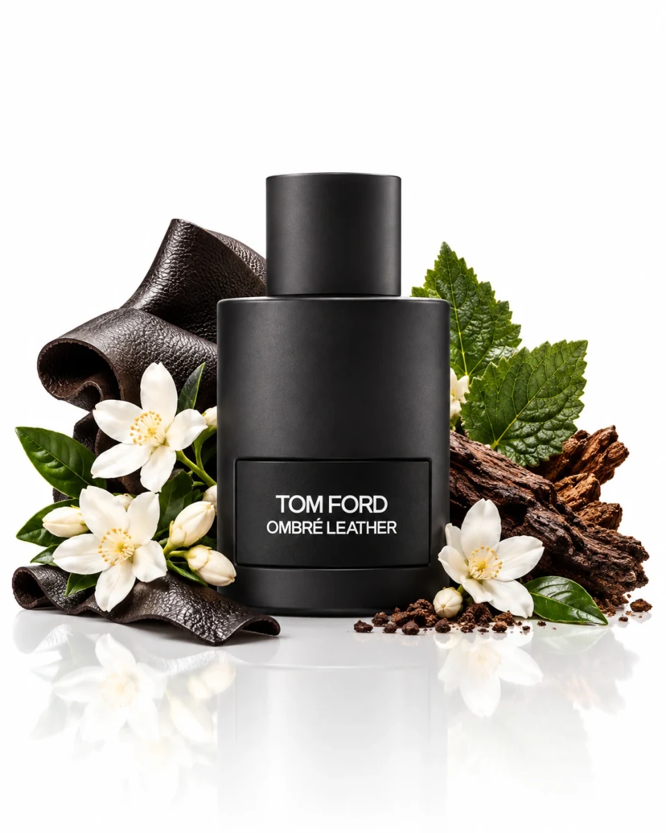 Tom Ford Ombré Leather Eau de Parfum bottle in a styled composition