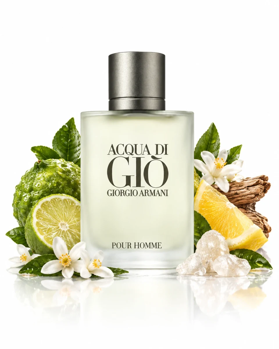 Giorgio Armani Acqua di Giò Eau de Toilette bottle in a styled composition