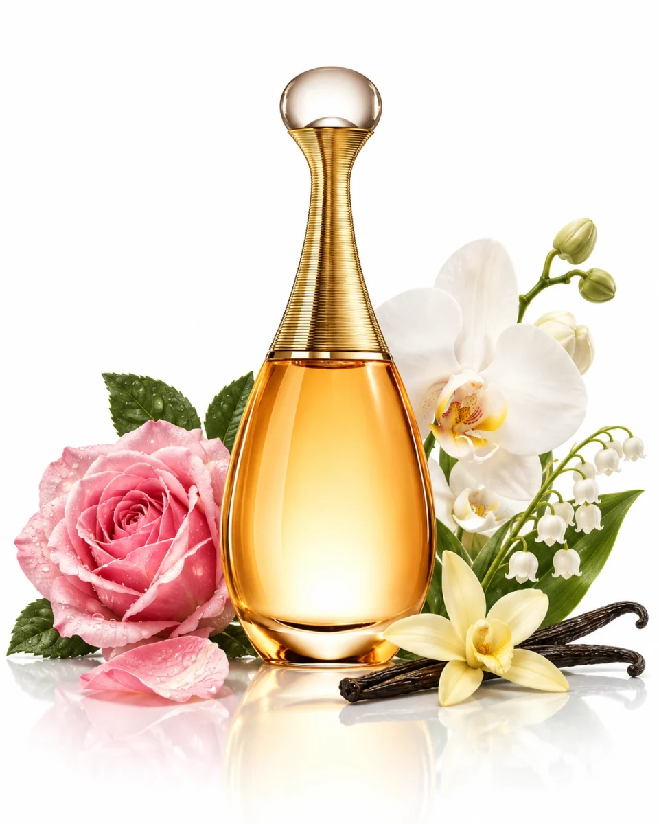 Dior J’adore Eau de Parfum bottle in a styled composition